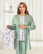 ست 6 تکه زایمان – شیردهی (تاپ شیردهی سایز 1 – شلوار سایز 1 – روبدوشامبر – دورپیچ و کلاه) با هدبند مادر طرح آهو