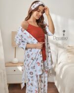 ست 6 تکه بیمارستانی طرح کیدو (Kiddo)  - روبدوشامبر طرح دار،تاپ آجری سایز2،شلوار واید (با هدبند مادر) همراه با دورپیچ و کلاه