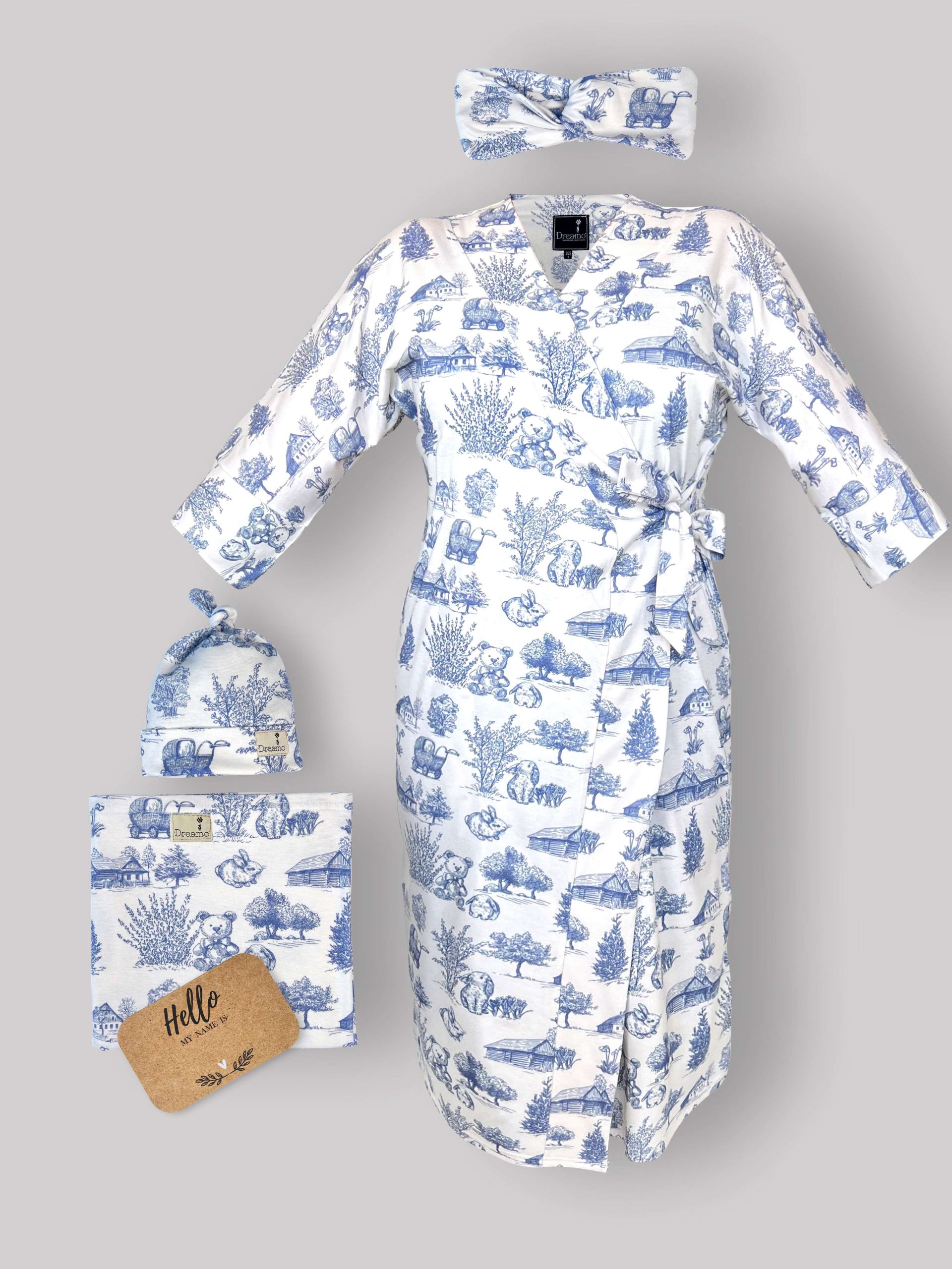 86 ست بیمارستانی - روبدوشامبر -دورپیچ و کلاه - هدبند مادر طرح ویلیج (Village) سایز 2 - Image 1