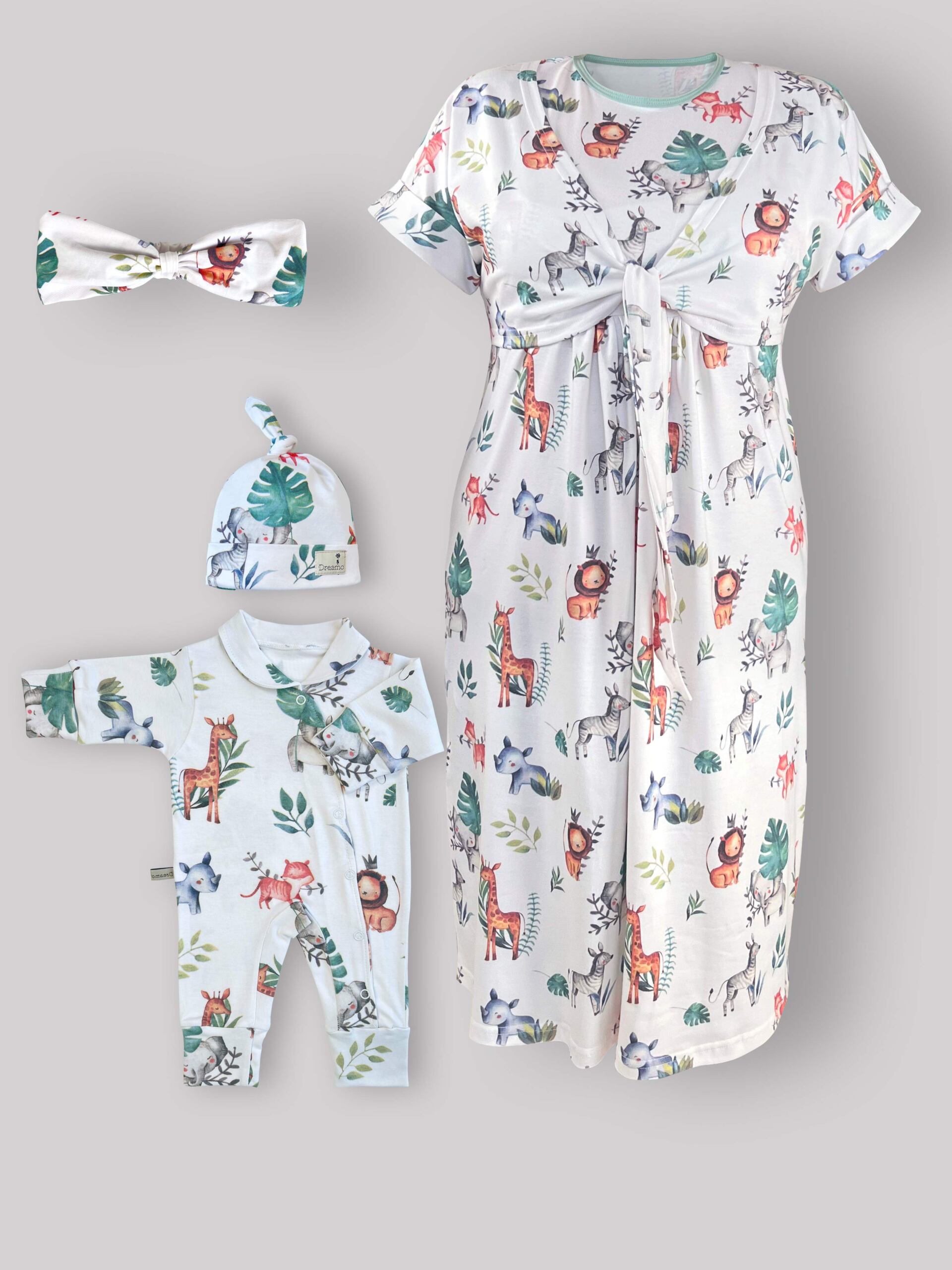 200 ست پیراهن بارداری – شیردهی ، سرهمی و کلاه و هدبند مادر طرح سافاری Safari -سایز 2 - Image 1