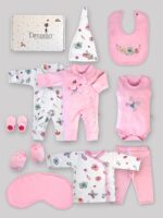 پک ۱۲ تکه‌ای نوزاد | سیسمونی کامل نوزاد دختر | طرح نسیم بهاری