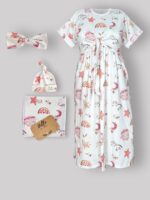 ست بیمارستانی طرح دالی Dolly سایز 1 (روبدوشامبر سایز 1 - سرهمی و کلاه و هدبند مادر), لباس شیردهی, لباس بیمارستانی, ست بیمارستانی, لباس بارداری, لباس زایمان, لباس نوزاد