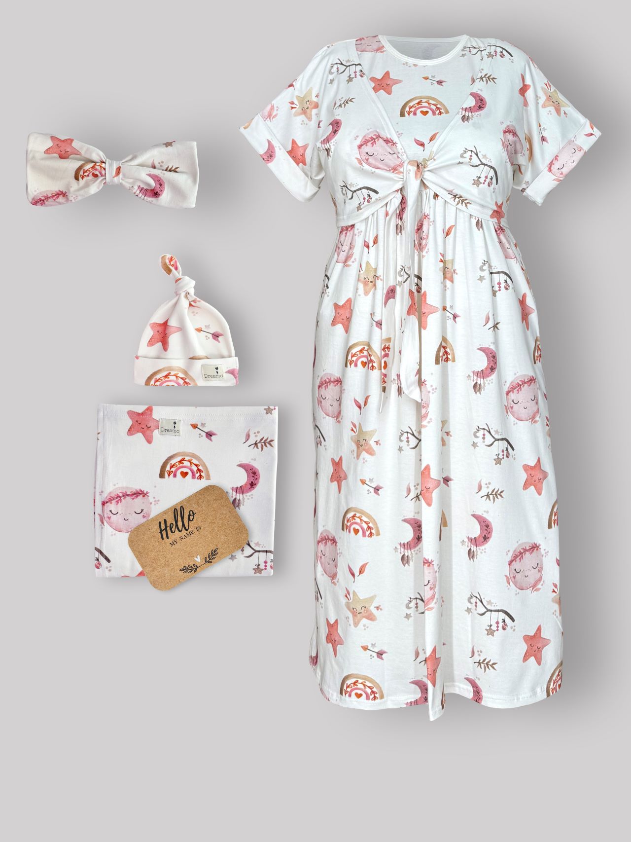 309 ست بیمارستانی طرح دالی Dolly سایز 1 (روبدوشامبر سایز 1 - سرهمی و کلاه و هدبند مادر), لباس شیردهی, لباس بیمارستانی, ست بیمارستانی, لباس بارداری, لباس زایمان, لباس نوزاد