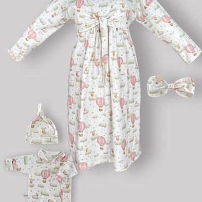 ست پیراهن بارداری،شیردهی و زایمان طرح بالن صورتی با سرهمی و کلاه