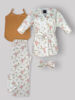 ست بیمارستانی مادر 4تکه پنبهٔ ارگانیک طرح بالن صورتی(تاپ نسکافه ای) سایز 1 | برند دریمو