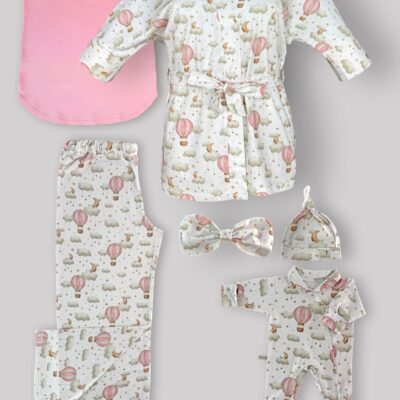 ست 6 تکه بیمارستانی طرح بالن صورتی با سرهمی و کلاه