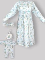 ست پیراهن بارداری / شیردهی مادر و نوزاد 4تکه پنبهٔ ارگانیک طرح بالن آبی با سرهمی و کلاه سایز 2 | برند دریمو