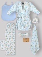 ست 6 تکه بیمارستانی طرح بالن آبی-روبدوشامبر طرح دار(با هدبند مادر) ،تاپ آبی روشن سایز2،شلوار طرح دار واید +دورپیچ و کلاه