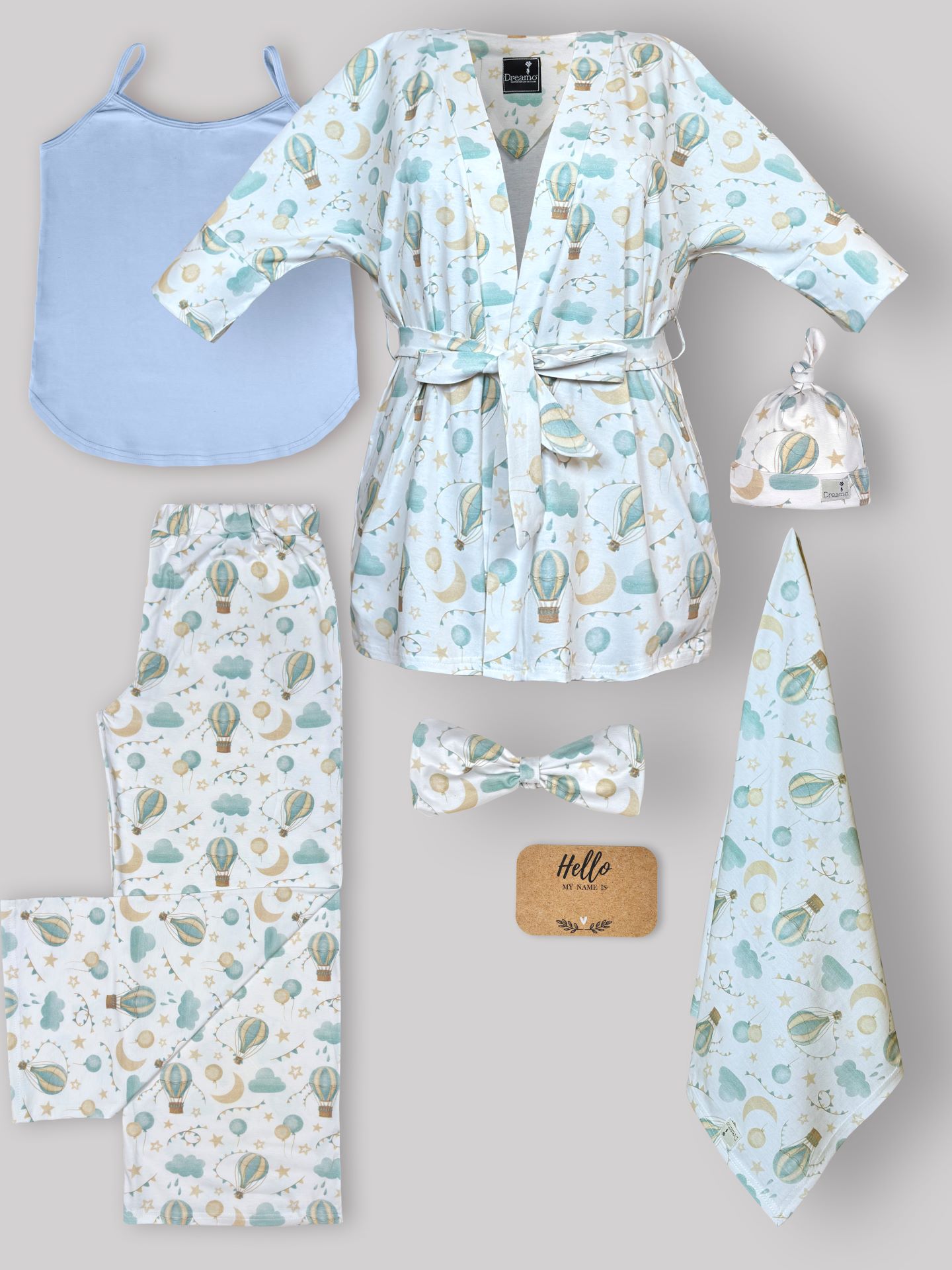 433 ست 6 تکه بیمارستانی طرح بالن آبی-روبدوشامبر طرح دار(با هدبند مادر) ،تاپ آبی روشن سایز2،شلوار طرح دار واید +دورپیچ و کلاه - Image 1