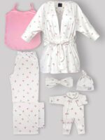 ست 6 تکه بیمارستانی طرح پروانه -روبدوشامبر طرح دار(تاپ صورتی سایز2،شلوار طرح دار واید +سرهمی و کلاه