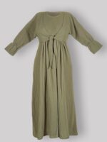 پیراهن بلند بارداری - زایمان - شیردهی- جنس موسلین- تک رنگ -رنگ سبز زیتونی