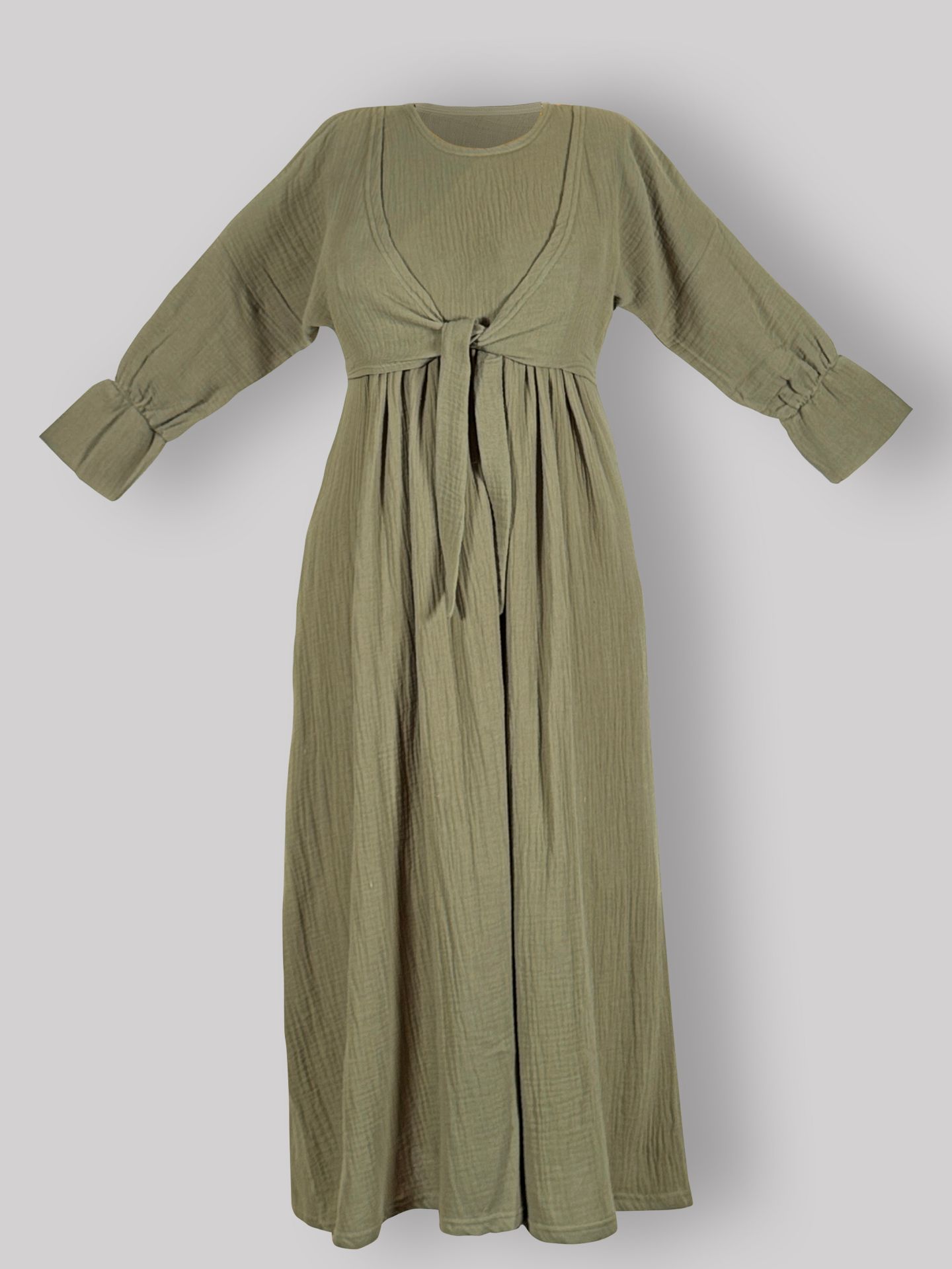 495 پیراهن بلند بارداری - زایمان - شیردهی- جنس موسلین- تک رنگ -رنگ سبز زیتونی - Image 1