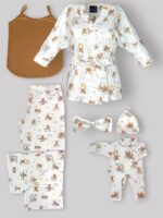 ست بیمارستانی مادر و نوزاد 6تکه پنبهٔ ارگانیک طرح تدیTeddy با سرهمی و کلاه  سایز 1 | برند دریمو
