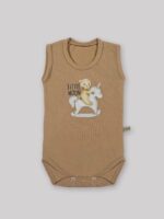 بادی - زیر دکمه آستین حلقه ای تک رنگ کرم- نسکافه ای (با استیکر طرح تدی)