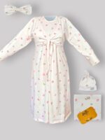 ست پیراهن بارداری،شیردهی و زایمان طرح پروانه– همراه با دورپیچ و کلاه و هدبند مادر