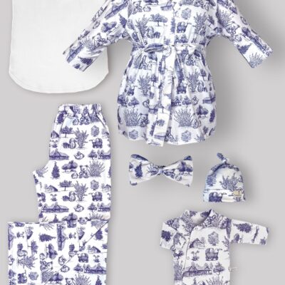 ست 6 تکه بیمارستانی طرح ویلیج Village با سرهمی و کلاه