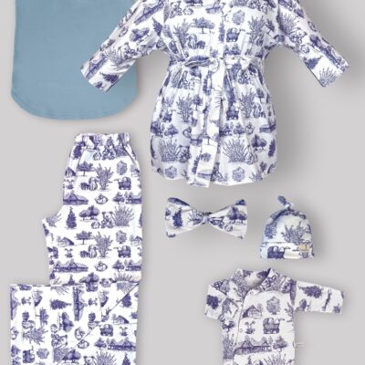 ست 6 تکه بیمارستانی طرح ویلیج Village با سرهمی و کلاه