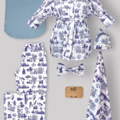 ست 6 تکه بیمارستانی طرح ویلیج Village با دورپیچ و کلاه