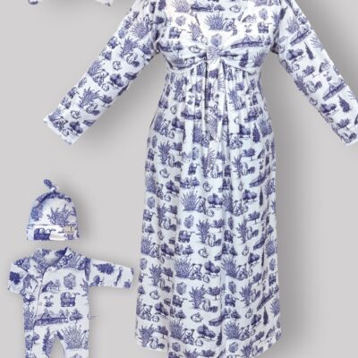 ست پیراهن بارداری/شیردهی/زایمان طرح ویلیج-Village(سایز2) – همراه با سرهمی و کلاه و هدبند مادر