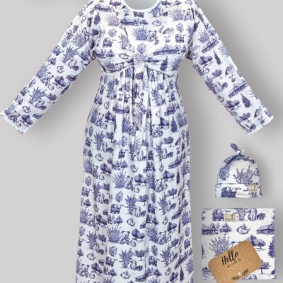 ست پیراهن بارداری،شیردهی و زایمان طرح ویلیج-Village(سایز2) – همراه با دورپیچ و کلاه و هدبند مادر