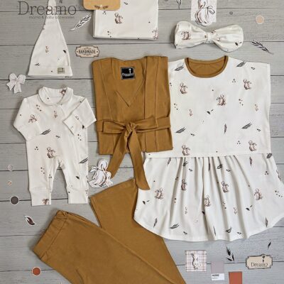 پک کامل ست بارداری / شیردهی پنبه ارگانیک 7 تکه طرح مادلین با دورپیچ و سرهمی و کلاه سایز 2 | برند دریمو