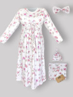 ست پیراهن بارداری،شیردهی و زایمان طرح مگنولیا-Magnolia با دورپیچ و کلاه