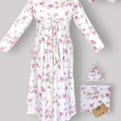 ست پیراهن بارداری،شیردهی و زایمان طرح مگنولیا-Magnolia با دورپیچ و کلاه