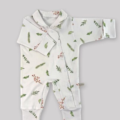 سرهمی 0 تا 3 ماه نوزاد یقه ب ب (دستکش دار) - طرح نوئل