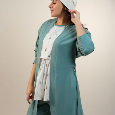 ست لباس بارداری / شیردهی مادر 4تکه پنبهٔ ارگانیک طرح زیتون سایز 2 | برند دریمو