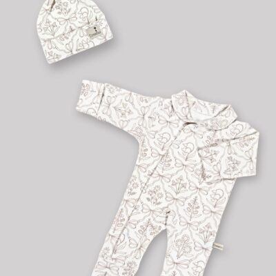 ست سرهمی و کلاه (سایز 0 تا 2 ماه) پنبه ارگانیک طرح اسکارلت (Scarlet) | برند دریمو