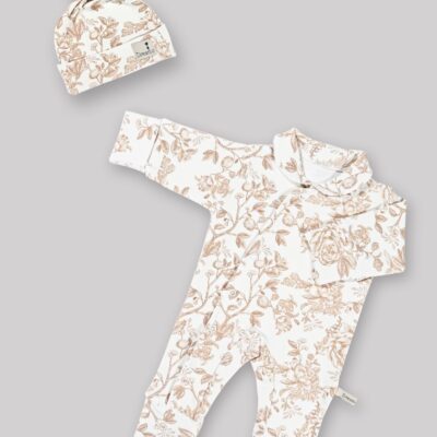 ست سرهمی و کلاه (سایز 0 تا 2 ماه) پنبه ارگانیک طرح آمبر(Amber) | برند دریمو