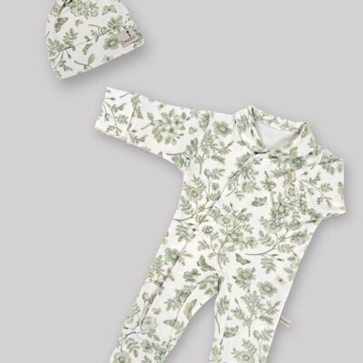 ست سرهمی و کلاه (سایز 0 تا 2 ماه) پنبه ارگانیک طرح هربا (Herba) | برند دریمو