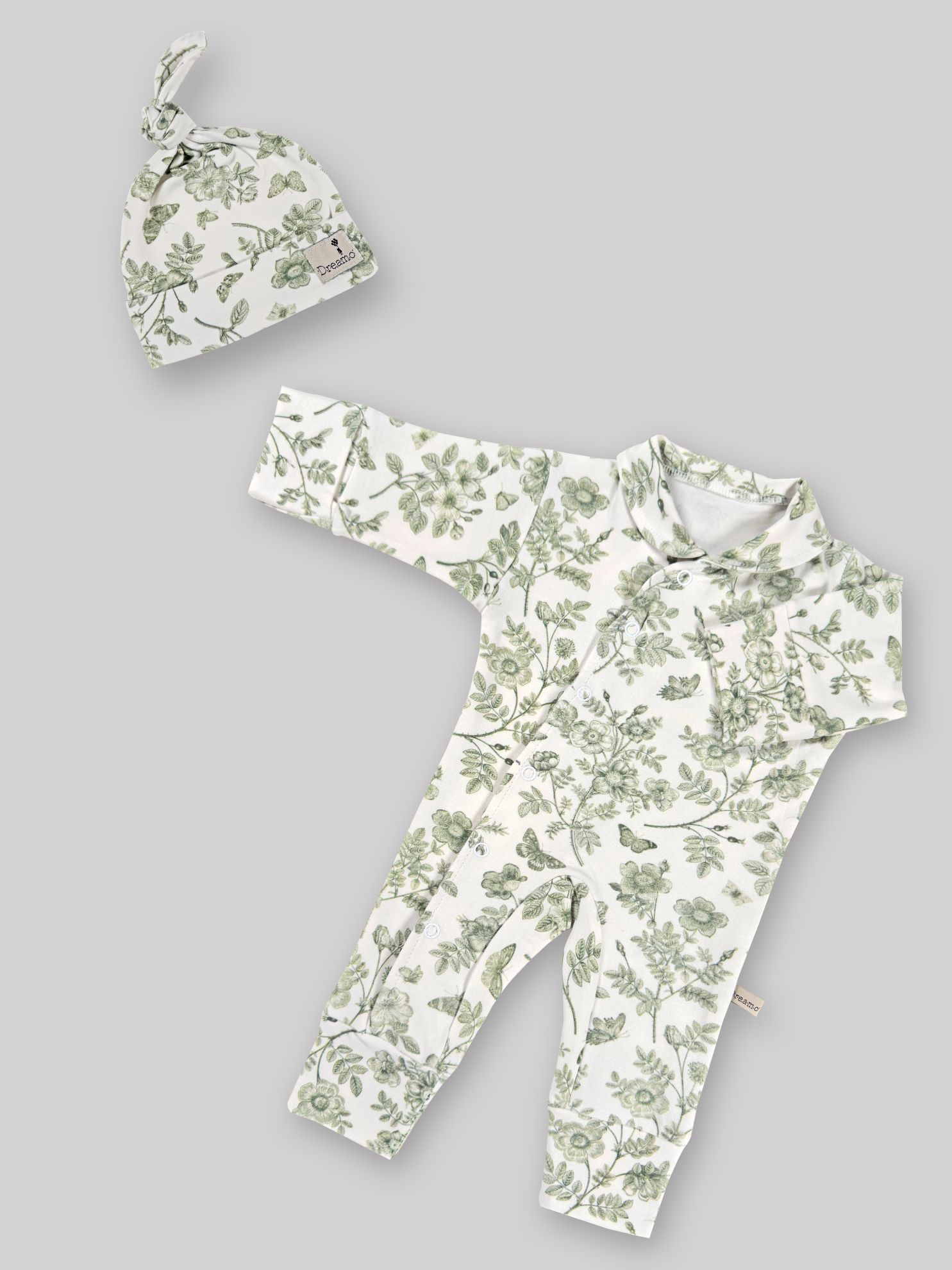 ست سرهمی و کلاه (سایز 0 تا 2 ماه) پنبه ارگانیک طرح هربا (Herba) | برند دریمو ست سرهمی و کلاه (سایز 0 تا 2 ماه) پنبه ارگانیک طرح هربا (Herba) | برند دریمو