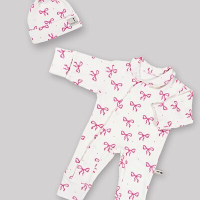 ست سرهمی و کلاه (سایز 0 تا 2 ماه) پنبه ارگانیک طرح پاپیون(Papillon) | برند دریمو