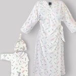 ست 4 تکه مادر و نوزاد راحتی/ بیمارستانی پنبه ارگانیک طرح نوئل با سرهمی و کلاه سایز 2 | برند دریمو