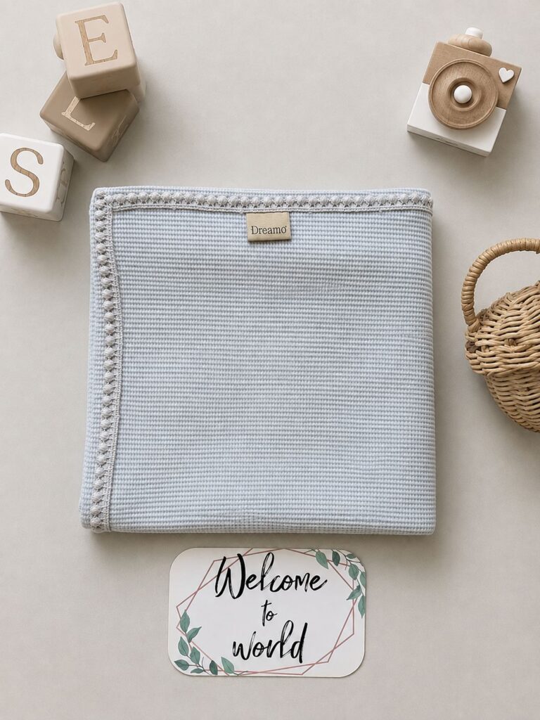 دورپیچ رو انداز | پنبه بیسکوئیتی | رنگ آبی پاستلی(Pastel Blue) | همراه کارت اسم نوزاد